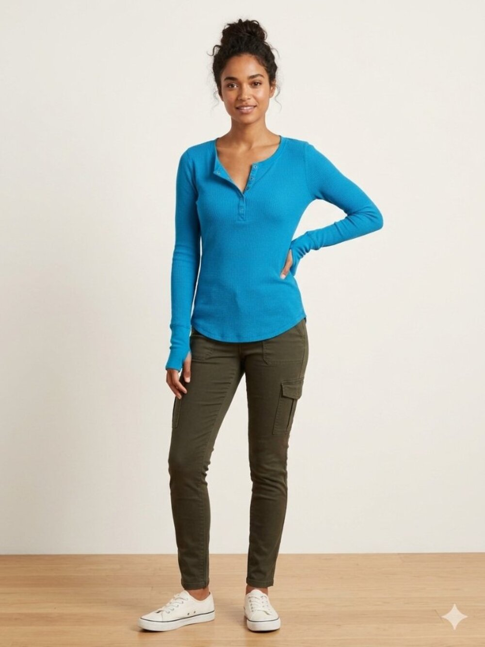 Mossimo Supply Co Shirt Womens Medium Blue Waffle Thermal Henley Long Sleeve Top